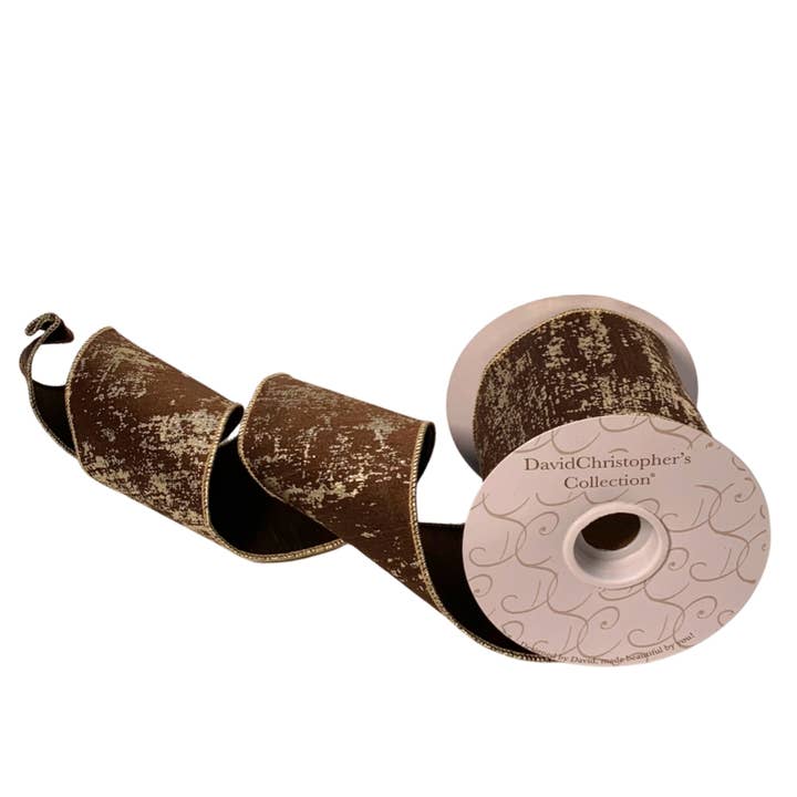 David Christopher's Collection - Wholesale Ribbon - Gift Wrapping - BROWN FAUX DUPIONI GOLD ABSTRACT RIBBON 4"X10YD