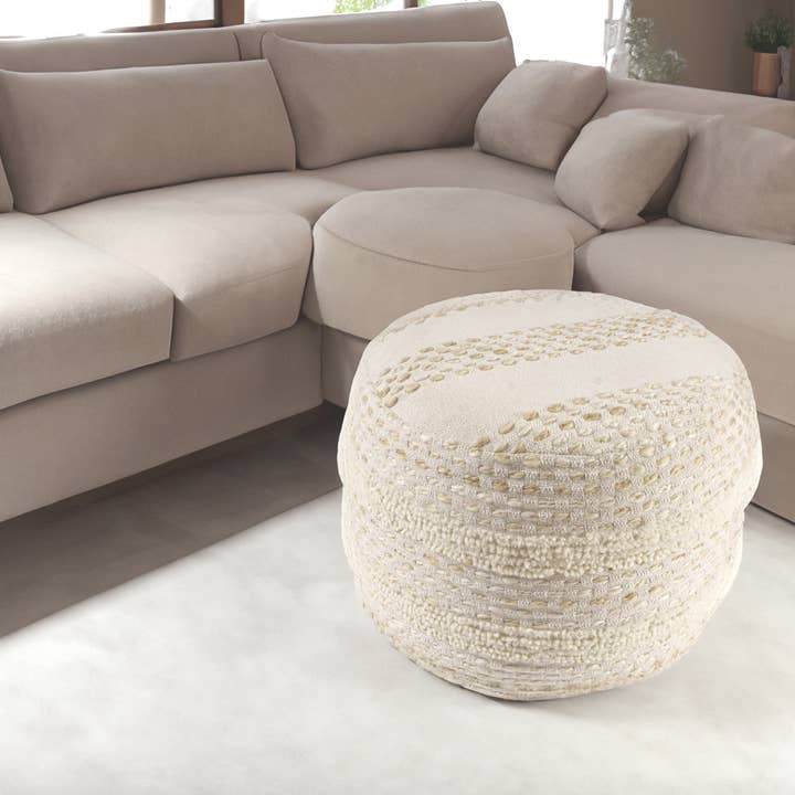 Pouf d'intérieur rond fabriqué à la machine Flatweave Farmhouse pour la vente par LR Home