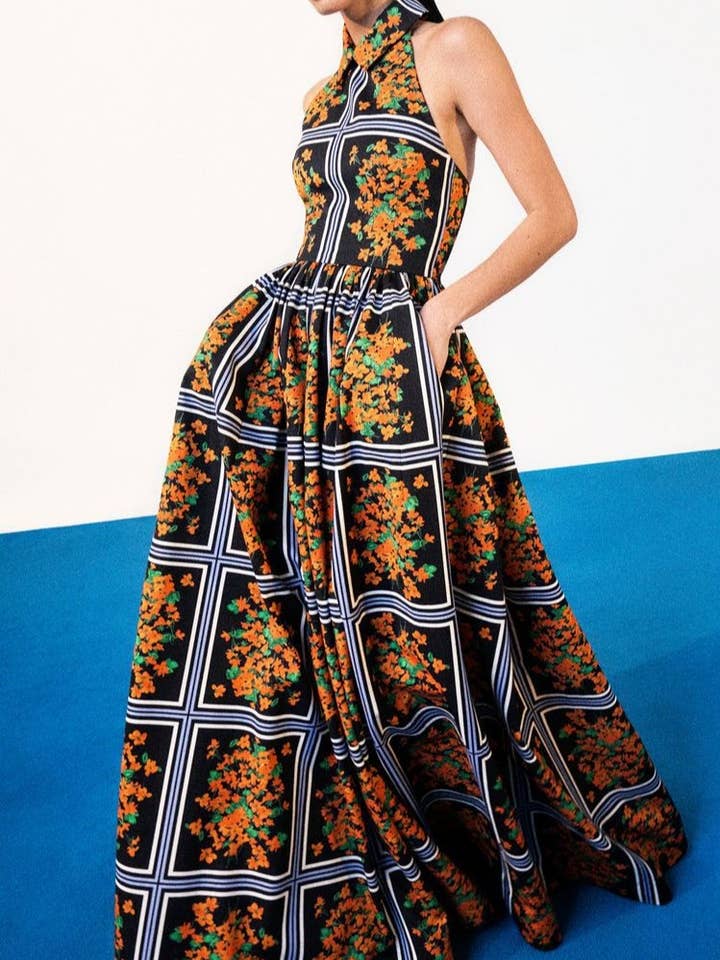 Brown Summer Sexy Backless Retro Print Halterneck Dress for wholesale on Faire
