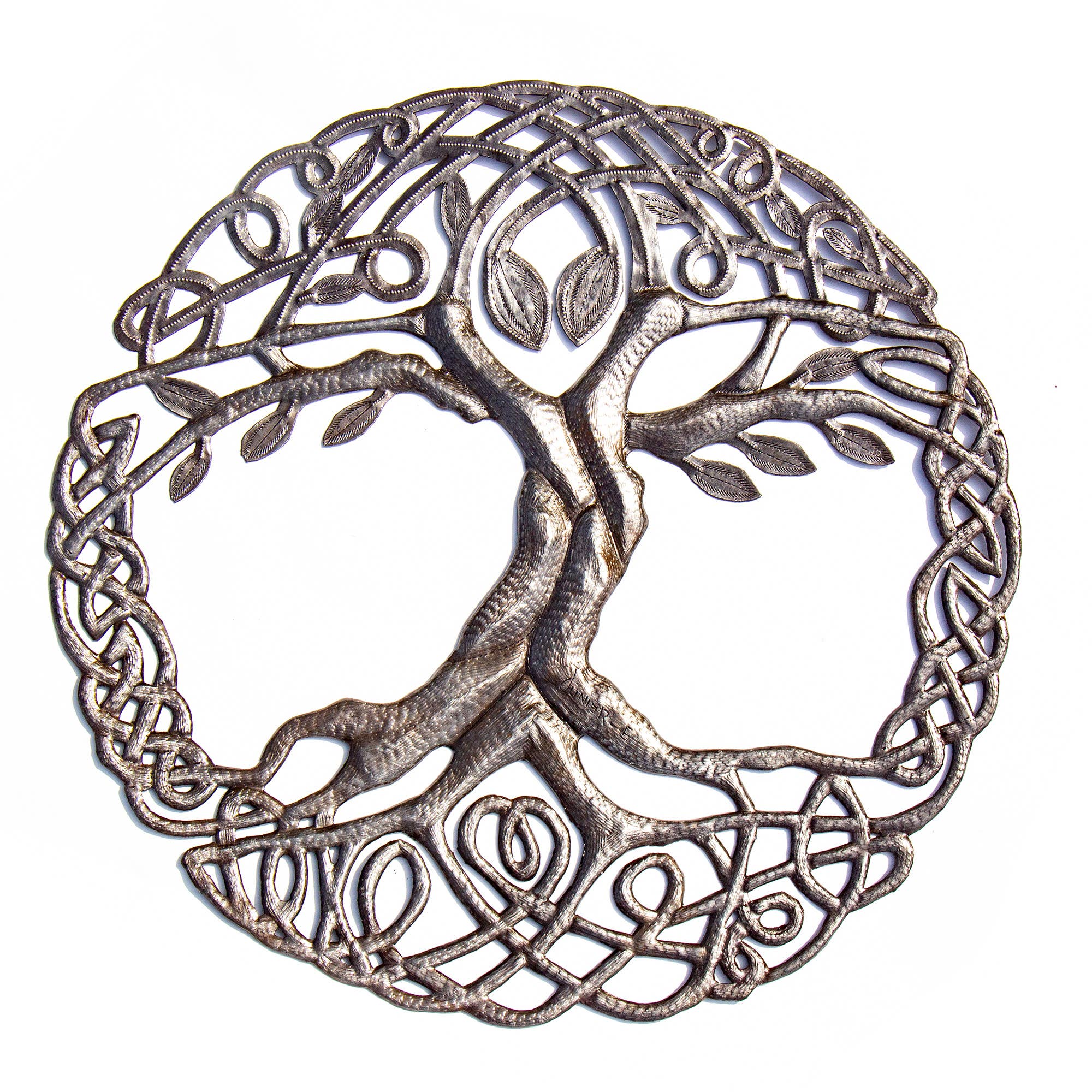 Global Crafts – wholesale Dimensionell/3D-väggkonst – 24 ”keltiska träd av livet haitiska metall trumma vägg konst2