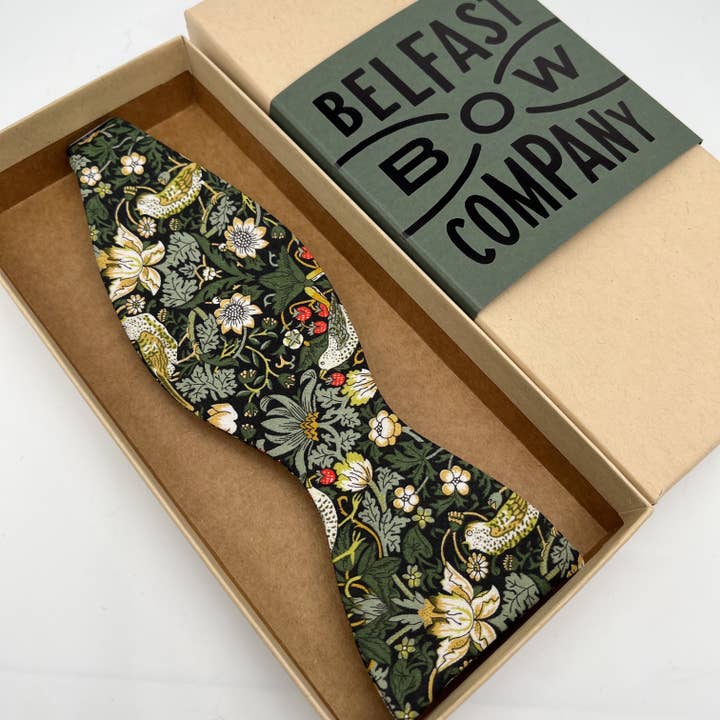 Liberty of London Self-Tie in Dark Green Strawberry Thief for wholesale by Belfast Bow Company