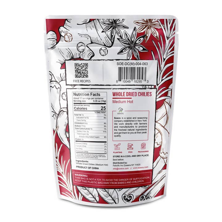 soeos - Vendita all'ingrosso Spezie essiccate - Peperoncini secchi interi Soeos, piccanti medi, 4oz
