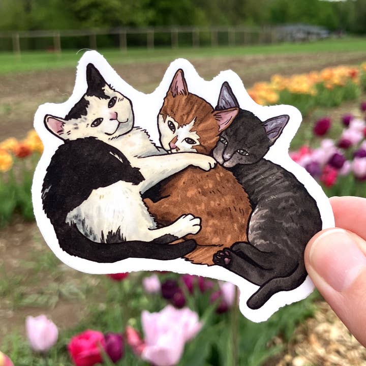 Three Kittens In a Pile, Premium Vinyl Sticker for wholesale by Art Fimbel