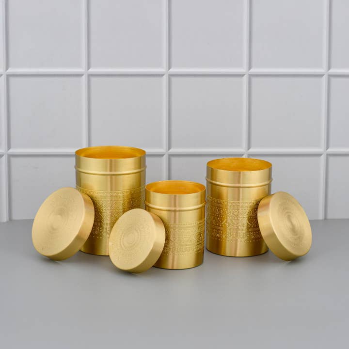 3-Piece Brass Tea, Coffee & Sugar Canister Set – Hand-Etched Storage Jars | Matte Finish | 350ML–750ML for wholesale by SAMA Homes
