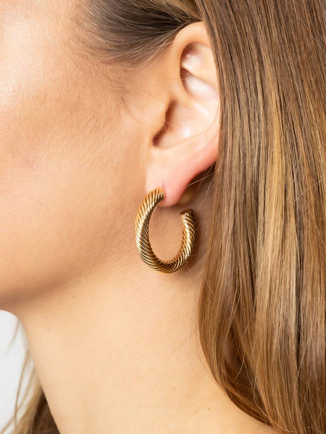 14K Metal Post Textured Hoop for wholesale by Hana