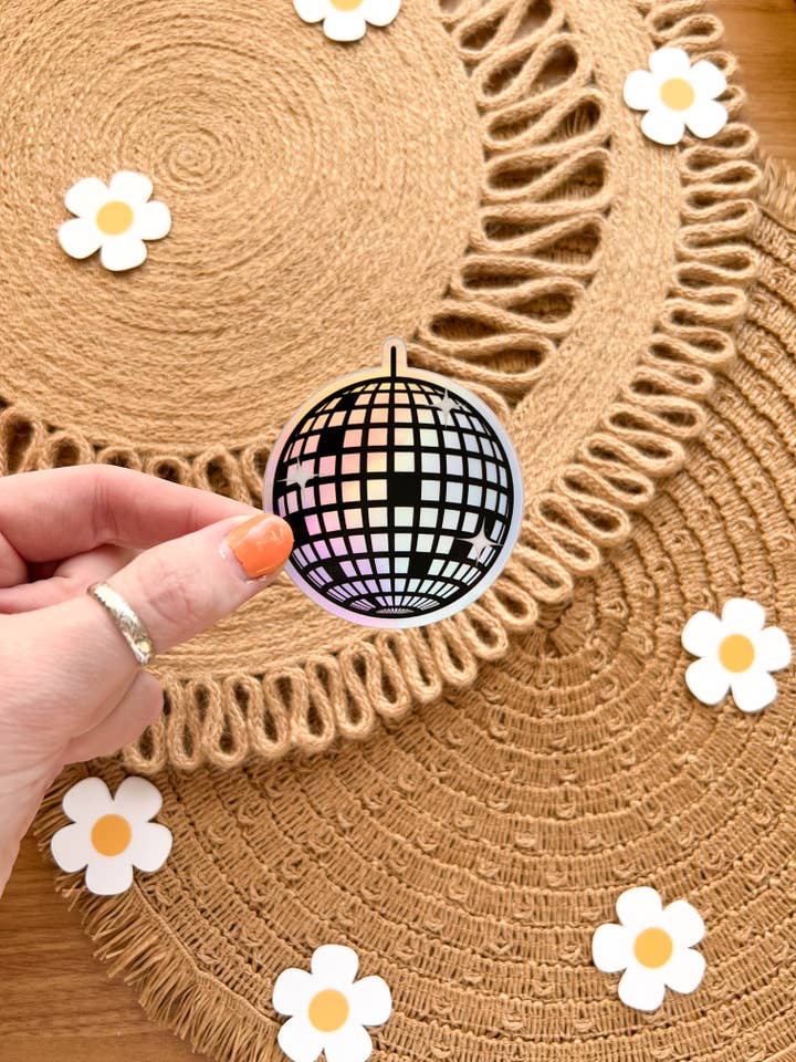 Holographic Disco Ball Groovy Retro Waterproof Vinyl Sticker for wholesale by Koll Designs