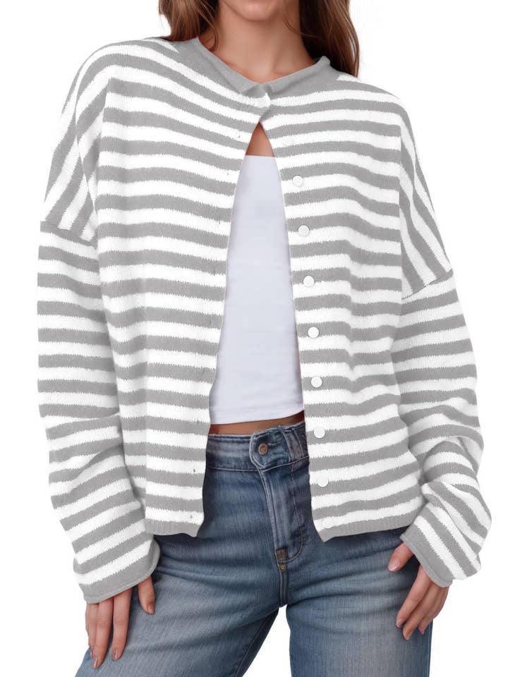 Suhkasana - Wholesale Cardigan - Women's - Striped Color Block Cardigan Sweater | Long Sleeve Casual Open Front14
