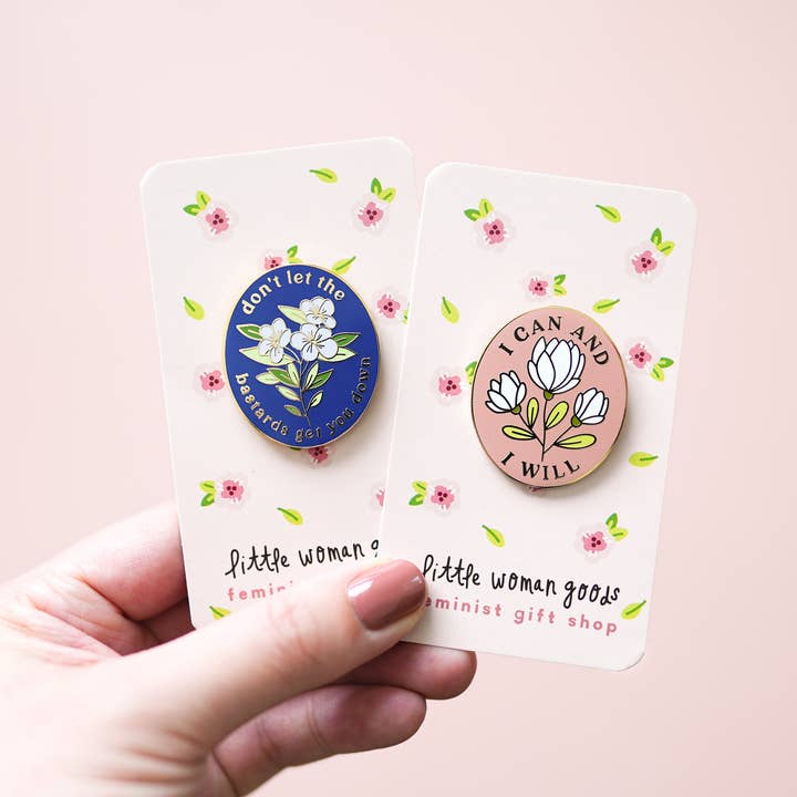 Little Woman Goods - Wholesale Lapel Pin/Button - I Can & I Will Enamel Pin- Empowering Pink Floral Feminist