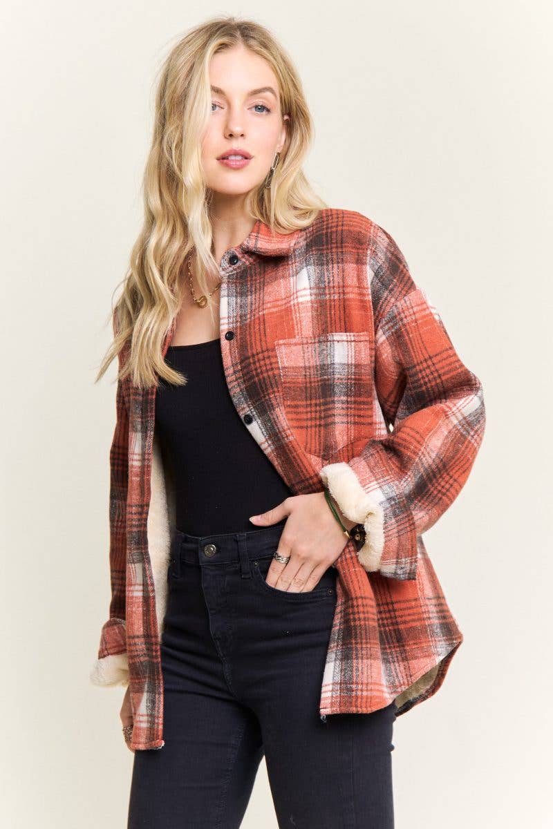 Vanilla Monkey – wholesale Shirt Jacket/Shacket - Women’s – Plaid Sherpa-lined Button Down Shacket3