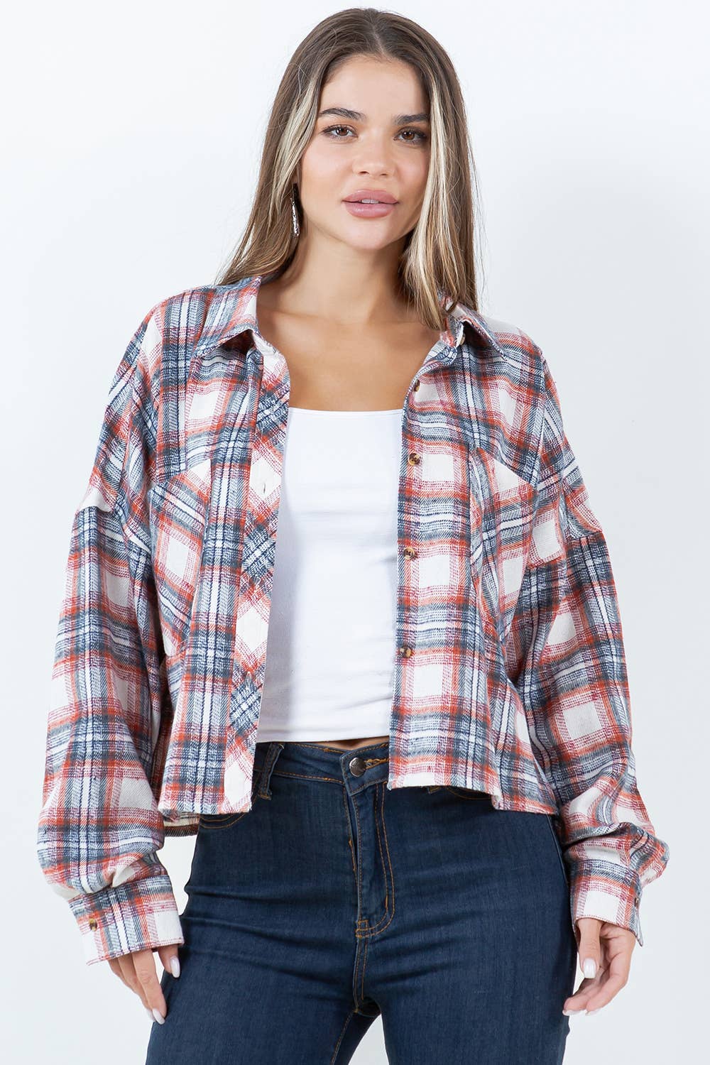 Veracci - Wholesale Button Down Shirt - Women's - Boxy Cropped Long Sleeve Plaid Over Shirt1