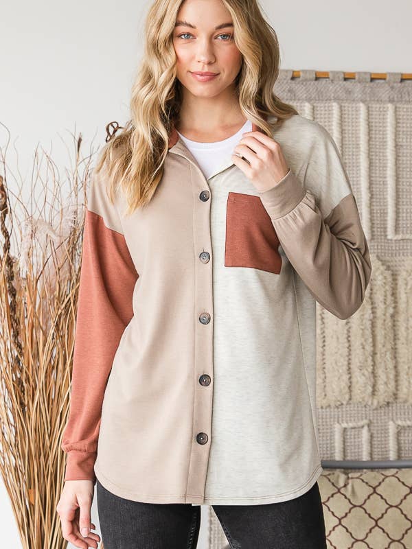 BASIC COLLAR SOLID COLOR BLOCK SHACKET for wholesale by Pink Irene Wholesale