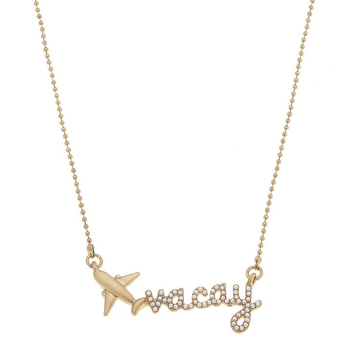 Canvas Style - Wholesale Pendant/Charm Necklace - Jet Setter Pearl-Studded "Vacay" Necklace in Shiny Gold0