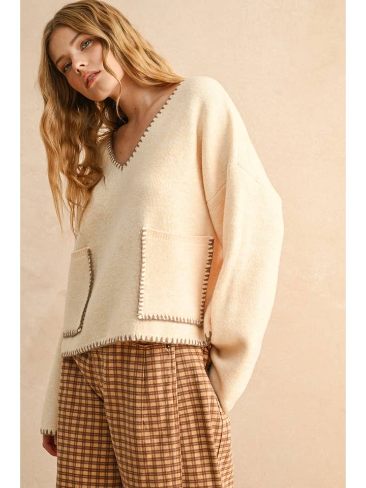 MIOU MUSE - Wholesale Knit Sweater - Women's - T4041 STITCH DETAILED V-NECK SWEATER TOP6