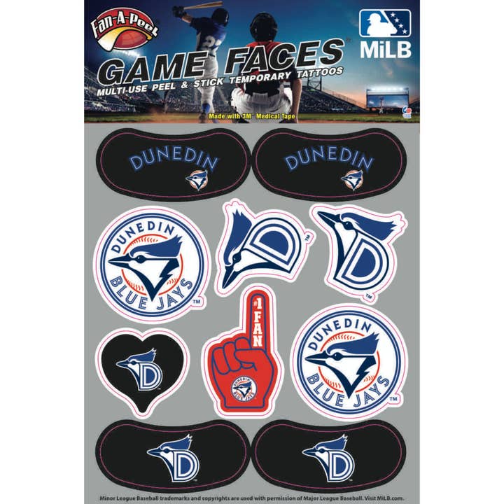 Dunedin Blue Jays Game Faces® Meervoudig Gebruik Tijdelijke Tatoeages voor wholesale door Fanapeel / Gamefaces