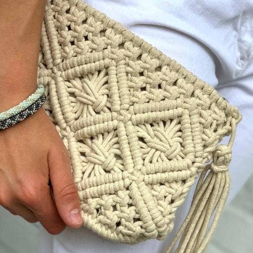 Global Crafts - Wholesale Clutch Bag - Women's - Cream Macrame Clutch with Tassel2