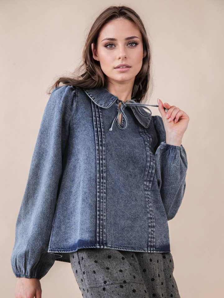 VERY J - Wholesale Blouse - Women's - NT12233 Mineral Washed Chambray Denim Blouse Top6