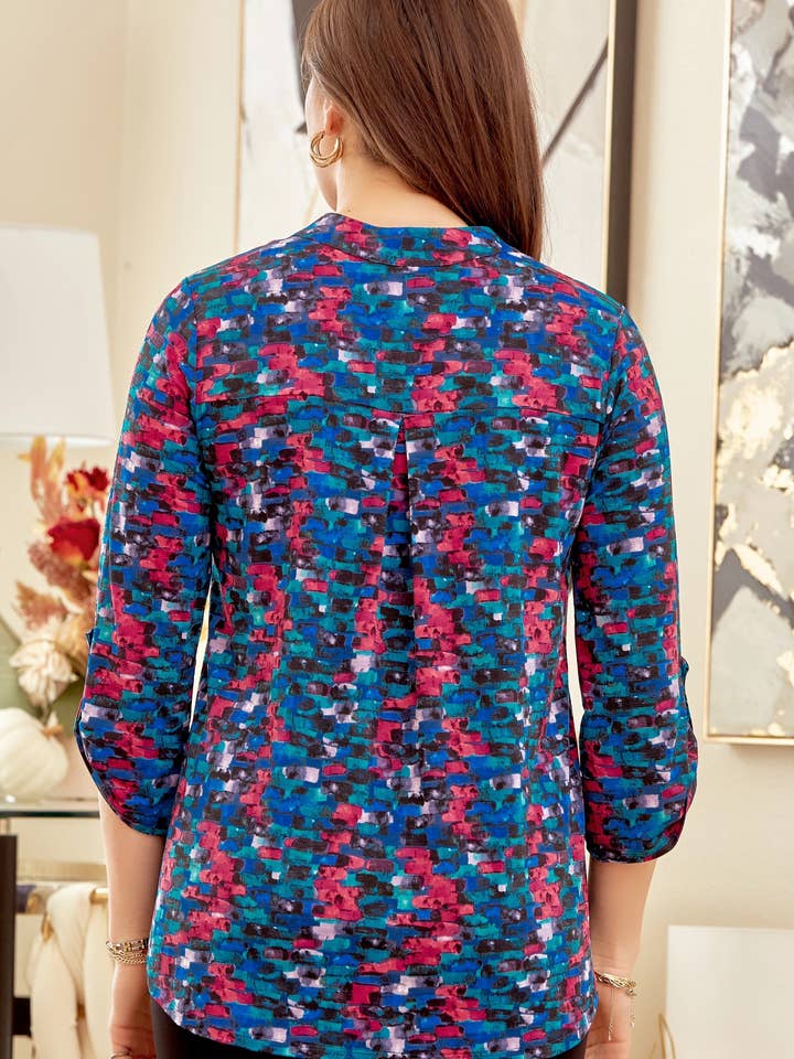 NAVY MULTI 3/4 Sleeve Wrinkle Free Top LIZZY-V0179 for wholesale on Faire