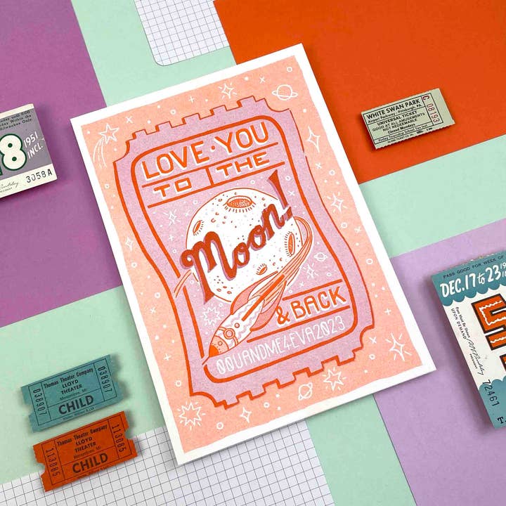 A5 to the Moon & Back Ticket, Risograph Print for wholesale by Jacqueline Colley