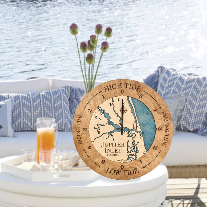 Jupiter Inlet Tide Clock Nautical Wood Map - 2 Sizes for wholesale by Sea & Soul Nautical Chart Art
