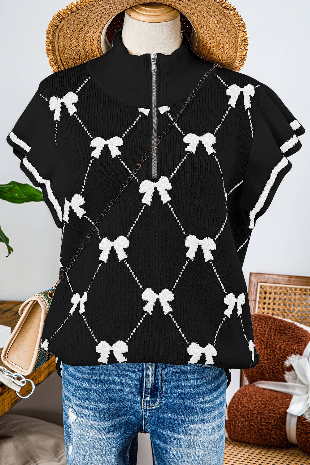 fashionworks - Vente Pull en maille – femme - Chandail à col zippé à imprimé nœud Fashion-W Preppy Vibes2