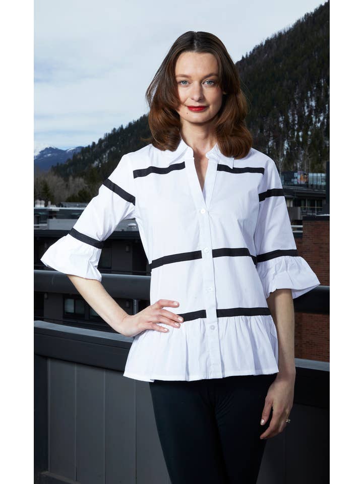 Dizzy-Lizzie - Wholesale Button Down Shirt - Women's - Lexington Peplum Top White With Ribbon Trim