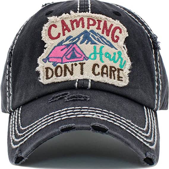 Funky Junque - Wholesale Baseball Cap - Unisex - Vintage Patch Hat - Camping hair don’t care w/ tent (Black)