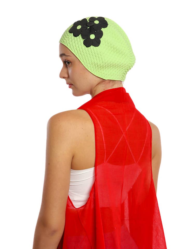 Green Vintage 3 Flowers Swim Cap 521 for wholesale by KORES ACCESSORIES