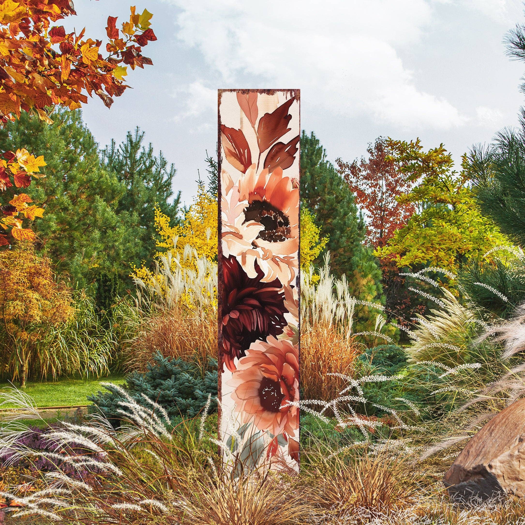 TX USA Corporation – Großhandel Pfosten/Pfähle – 42" Herbst Aquarell Blumen Gartenstecker | Lebendige Boho Outdoor Gartenkunst0