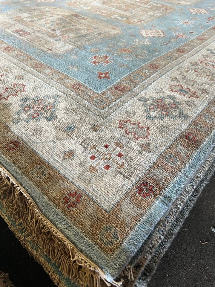 Ambra 8x10 Blue and Beige Hand-Knotted Oushak Rug for wholesale by Banana Manor Rug Co.