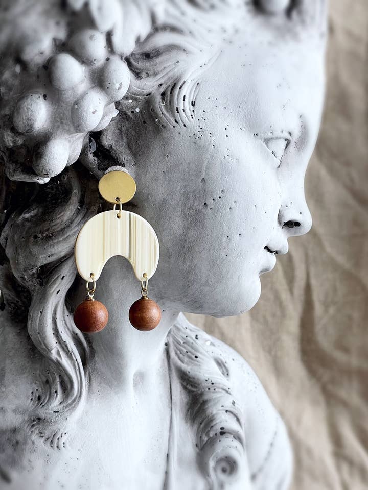 Geometric dangle earrings natural wood and acrylic - Harvard for wholesale by Pearl and Ivy Studio