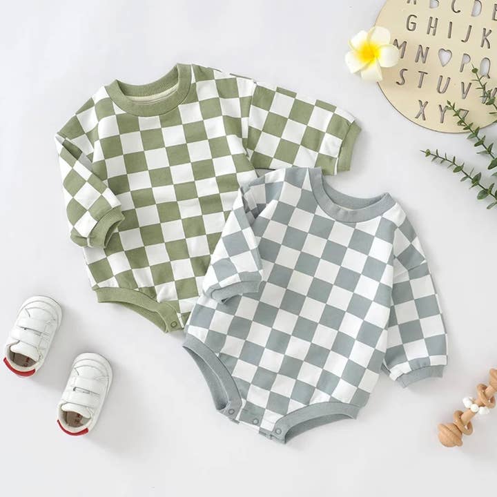 Checkerboard Bubble Sweater Romper - French Terry for wholesale by Boho + Babe