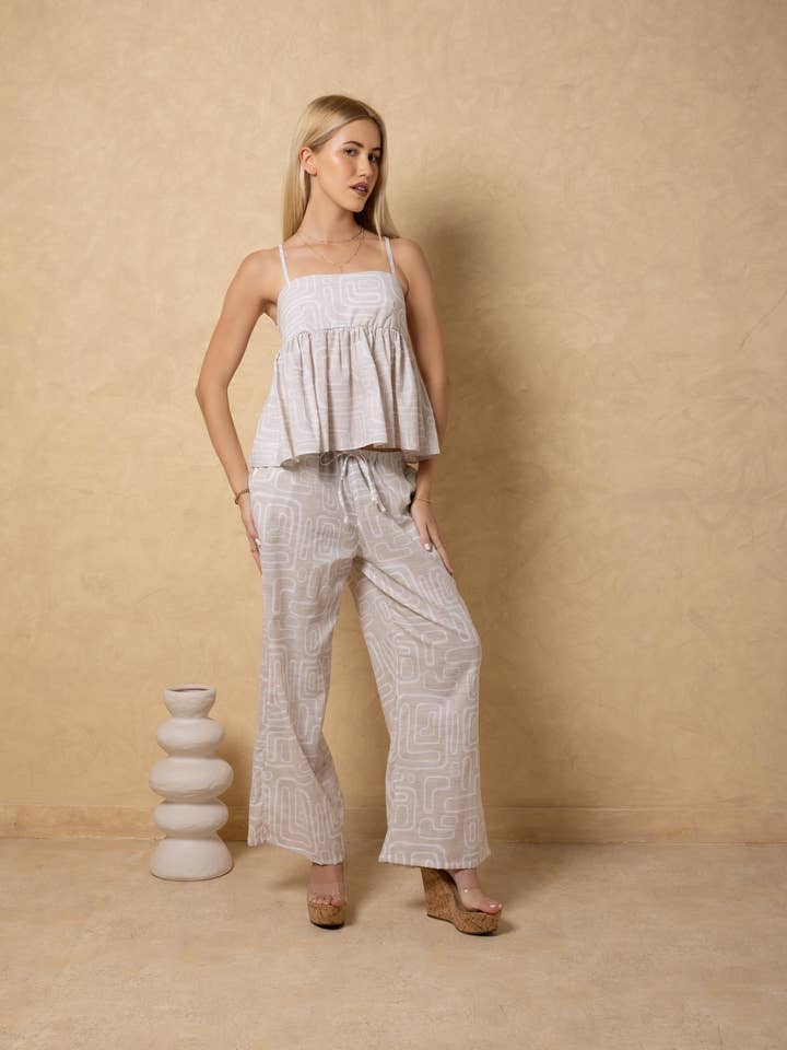 Trekkoord Wijde Broek van Katoen voor Resort - Lijnenprint Beige voor wholesale door Seaspice Resort Wear