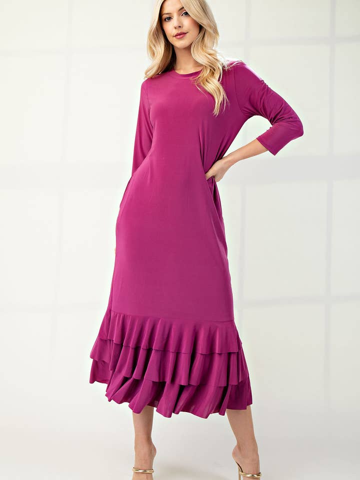 MODEST LAYERING RUFFLE TIERED MIDI DRESS -CD43876 for wholesale by Celeste Clothing
