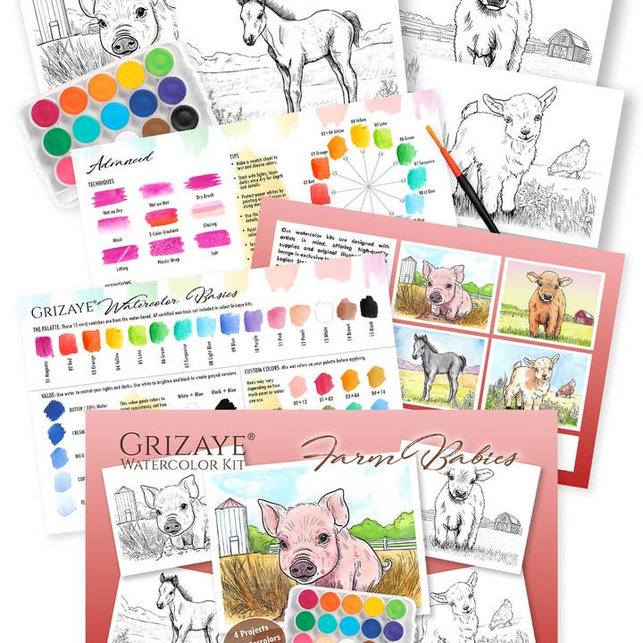 Grizaye - Wholesale DIY Craft Kit - Watercolor Kit: Farm Babies