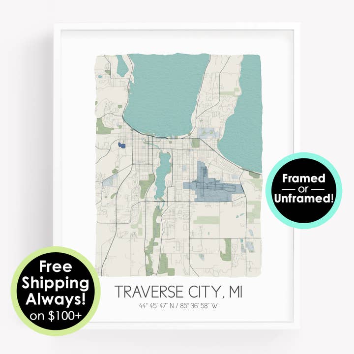 Traverse City Michigan map, custom watercolor map wall art for wholesale by Sparks House Co.