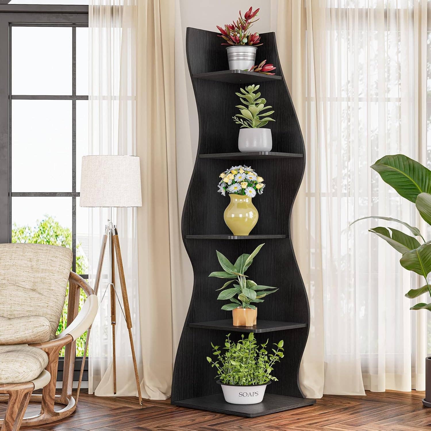 Black White 5 Tier Corner Shelf Wall Bookcase For Small Spaces for wholesale on Faire6