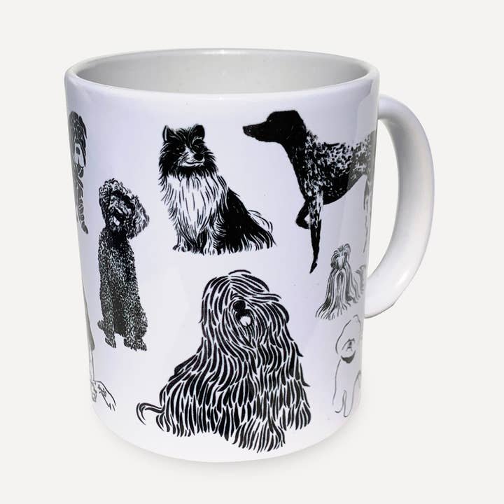 Illustrated Dog Mug with Poodle, Dachshund, Pug, Labrador for wholesale by Ruby Sneakers Studio