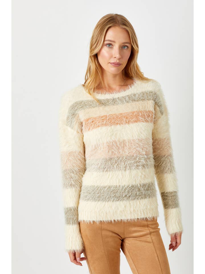 Cream Mix 57608 Fuzzy Multicolor Stripe Sweater for wholesale on Faire