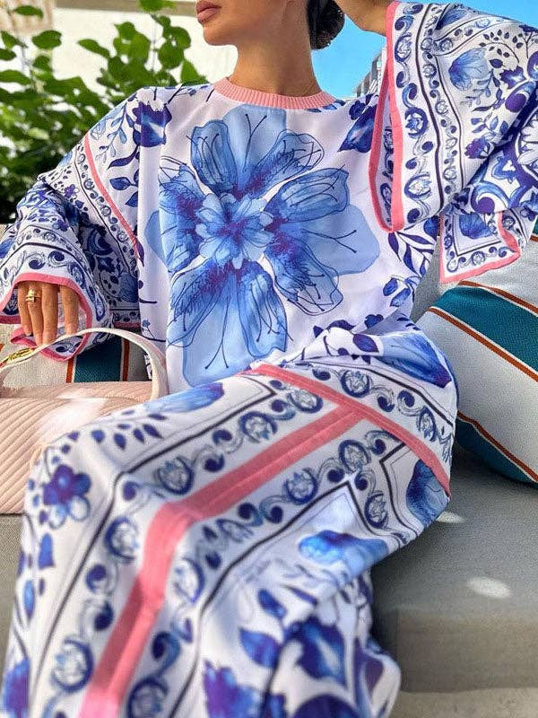 BLÅ Utsvängda ärmar Långa ärmar Blommatryck Rundhalsade T-shirts Topp + Byxbotten Två Delar Set för wholesale på Faire