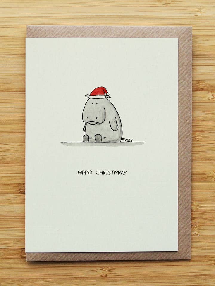 Flodhest Julekort - Sødt - Nissehue - Genbrugskort for engroshandel hos RossJDesigns