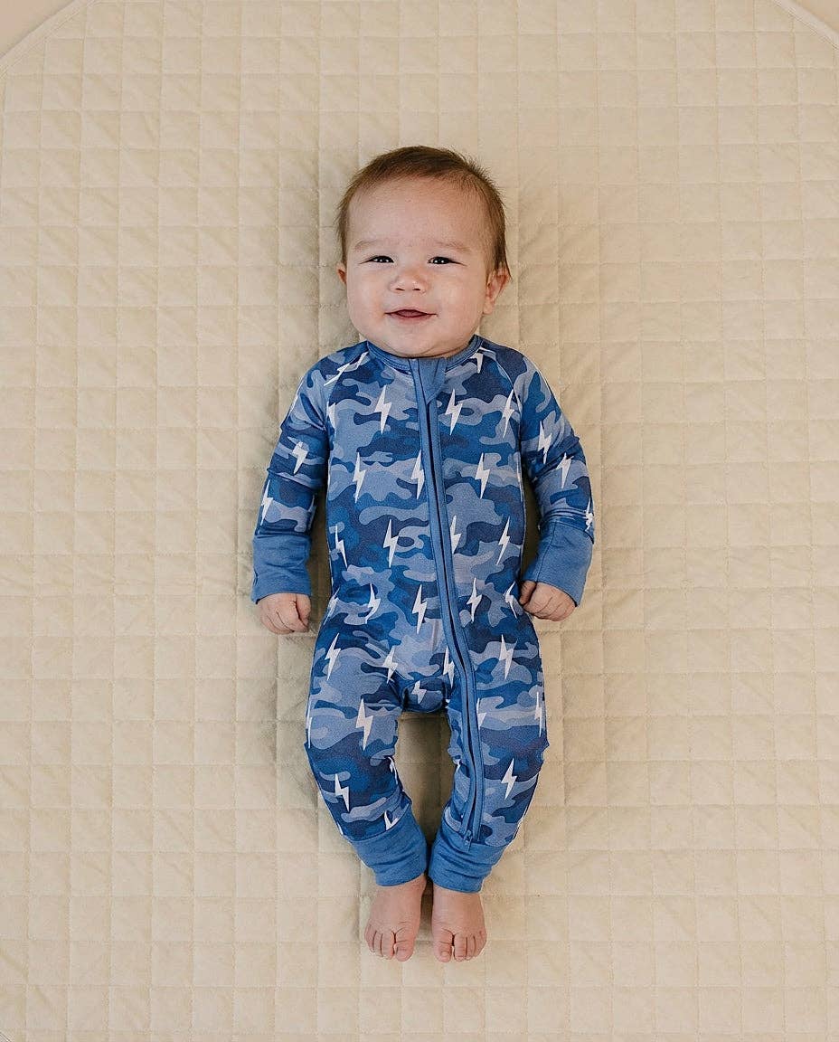 Lucky Panda Kids - Wholesale Jumpsuit - Baby - Bamboo Zip Romper | Blue Camo Bolts0