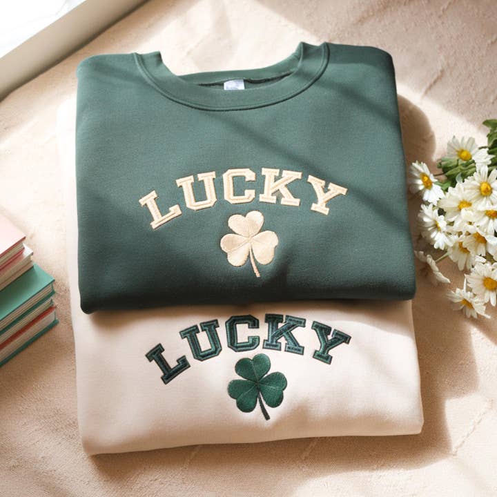 Embroidered Lucky Shamrock Sweatshirt, St Patricks Day Shirt for wholesale by ClevorFit