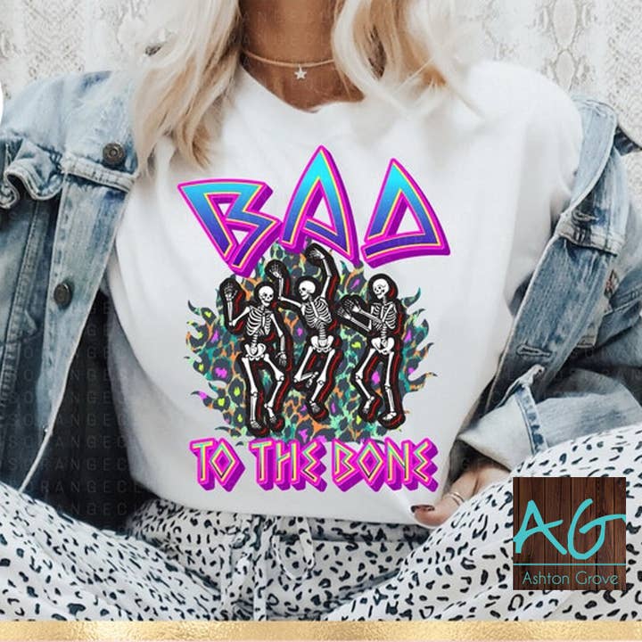 Neon Halloween Grafik-T-Shirt oder Sweatshirt "Bad to the Bone" für den Großhandel von Ashton Grove Ltd Co