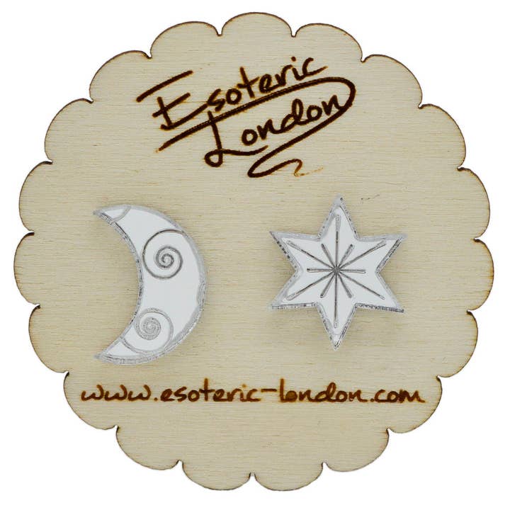 Puces d'oreilles miroir étoile et lune pour la vente par Esoteric London