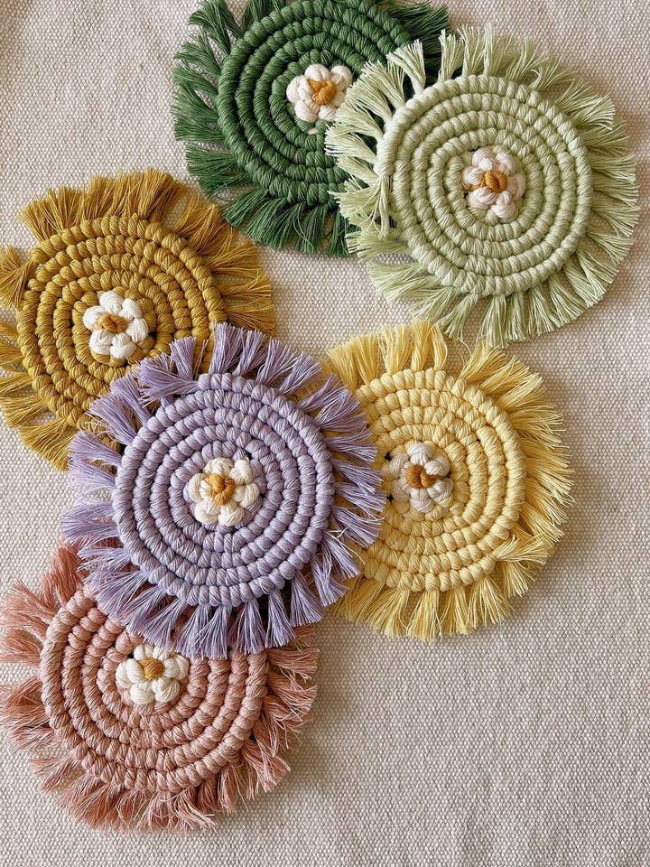 Macrame Daisy Coaster for wholesale by Meraki Handmade Collective