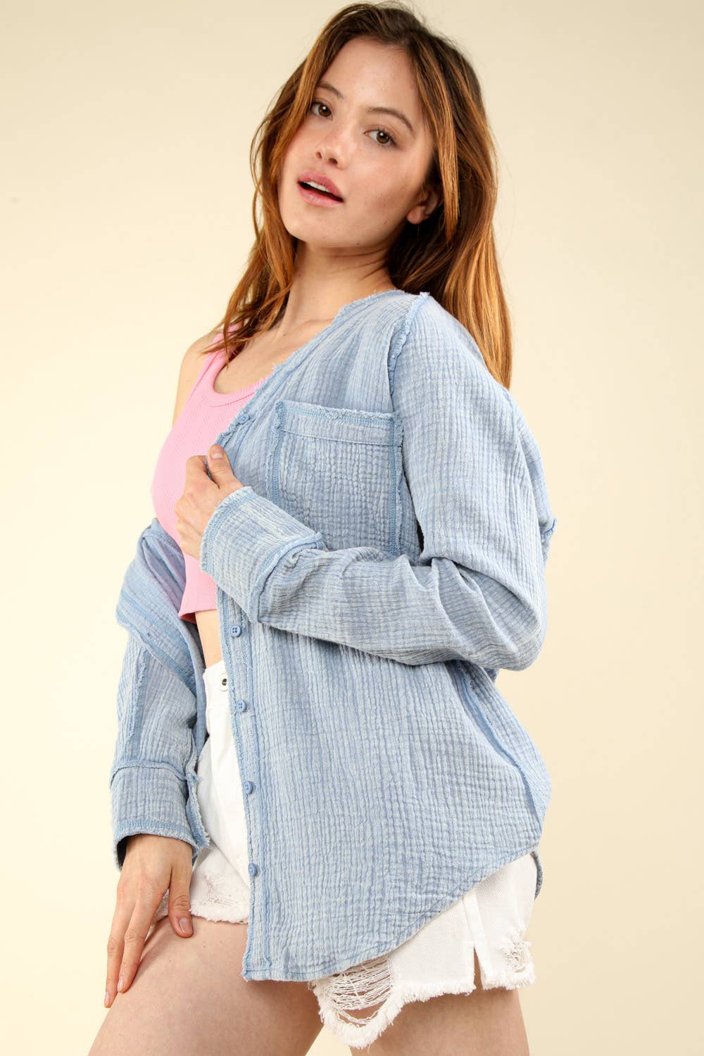 VERY J - Wholesale Button Down Shirt - Women's - NT11350-Oversized Washed Woven Crinkled Gauze Shirt Top9