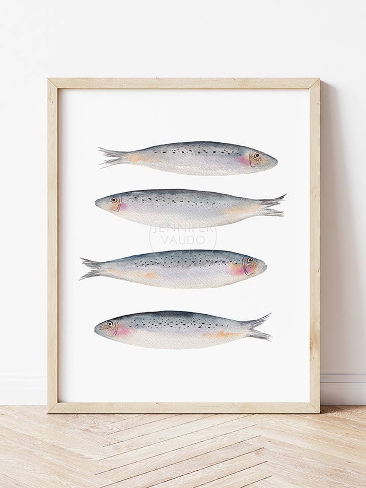 Sardines, Maritiem Leven, Vis Wandkunst, Handgeschilderde Print voor wholesale door Jennifer Vaudo Art