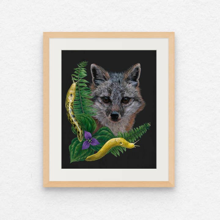 Imprimé « Magical Realms » avec renard gris et limace banane pour la vente par Bekah Zeimetz Art