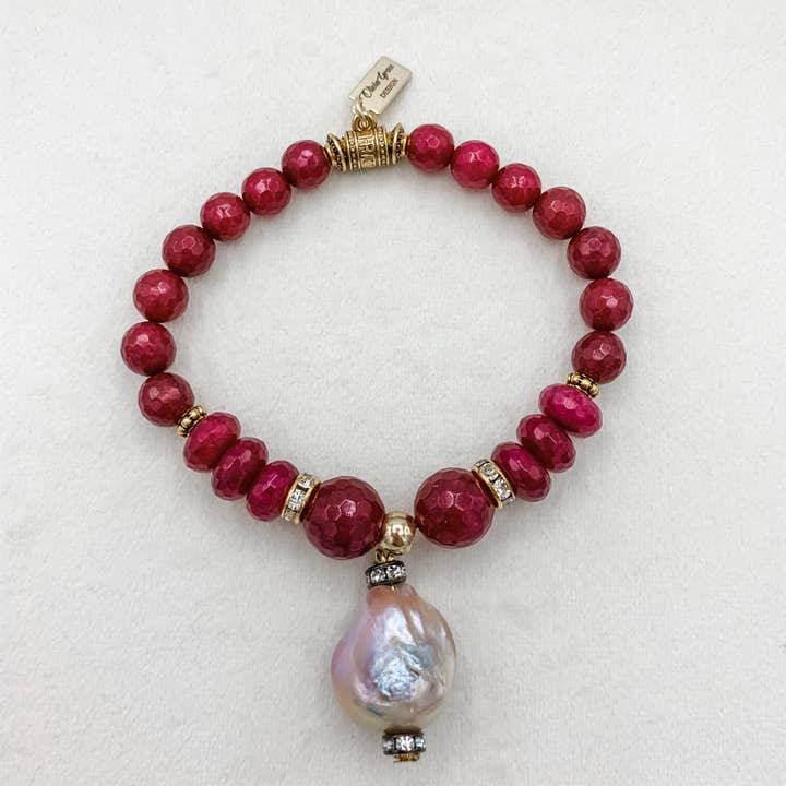 RUBY JADE BRACELET WITH BAROQUE PEARL DROP for wholesale by Olivia Grace Jewelry
