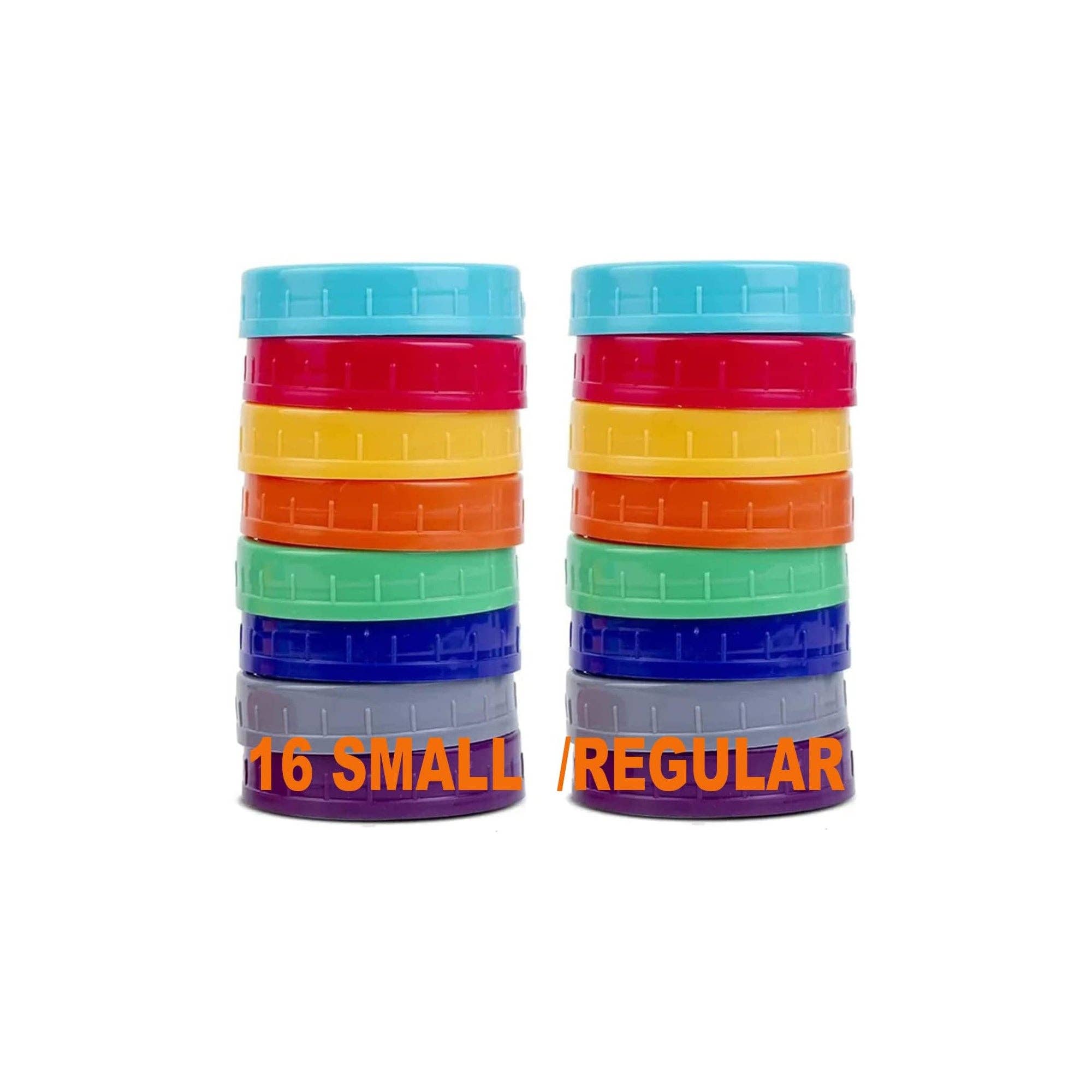 Vigor Path - Wholesale Jar - Mason Jar Lids - Compatible with Ball, Kerr, and Other Brands - Vibrant Colored Plastic Caps for Canning and Storage Jars - Airtight and Spill-Proof - Pack of 16 (Small/Regular - 2.75in)